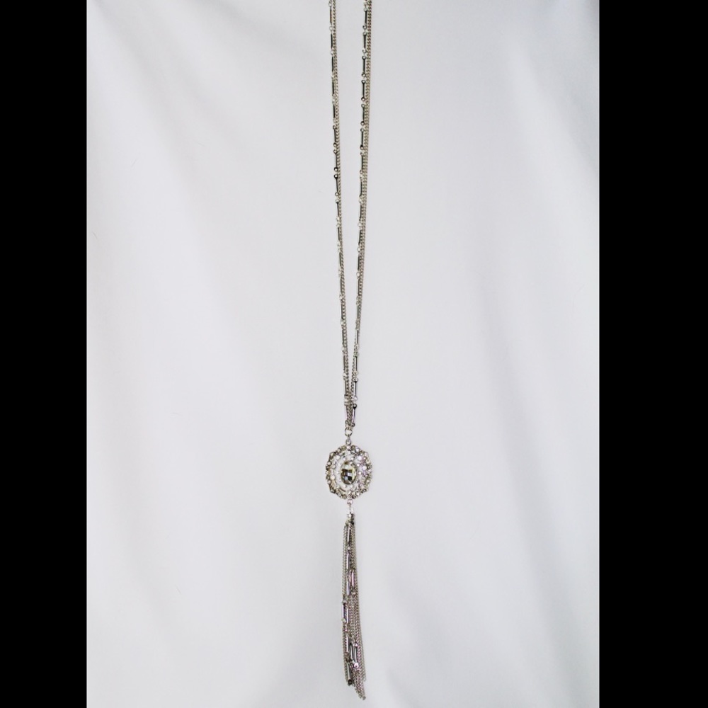 Silver Tassel Necklace with Jeweled Pendant